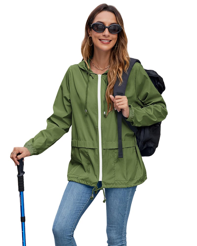 Hount Ladies Lightweight Raincoat with Hood Waterproof Packable Travel Windbreaker Rain Jackets (Army Green, L) - Image 5
